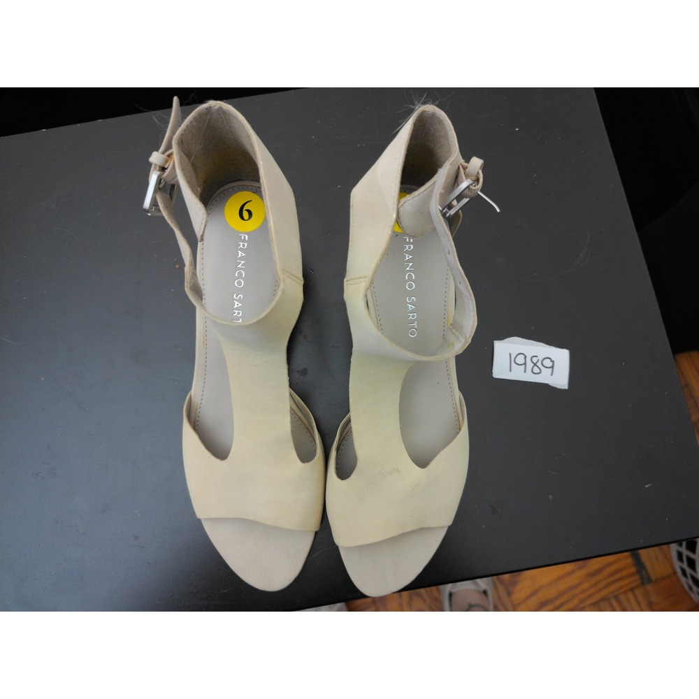 Franco Sarto Wedge Sandals Womens 9 Cream Leather Peep Toe Buckle Minimalist